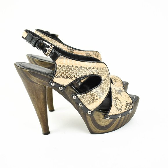 DIOR: Beige, Leather "Snakeskin" Platform Heels - Picture 5 of 10